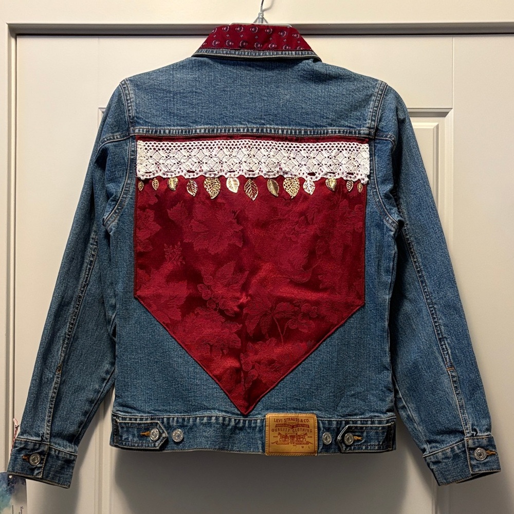 Upcycled Levi's Embellished Blue Denim Jacket with Lace and Gold Leaf Accents XS - Picture 3 of 12